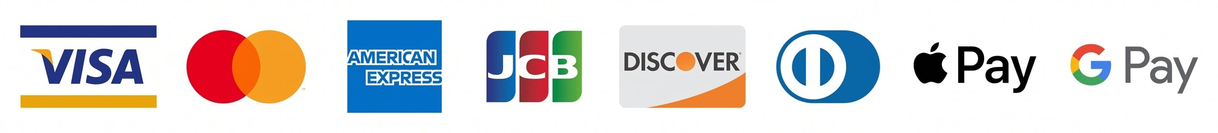 Accepted payment methods: Visa, Mastercard, American Express, JCB, Discover, Diners Club, Apple Pay, Google Pay